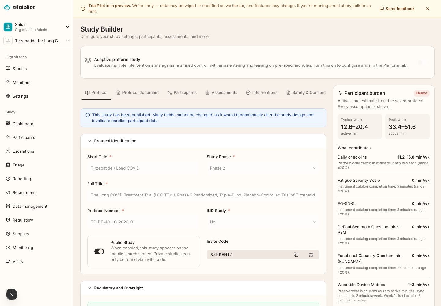 TrialPilot Study Builder with the participant burden panel