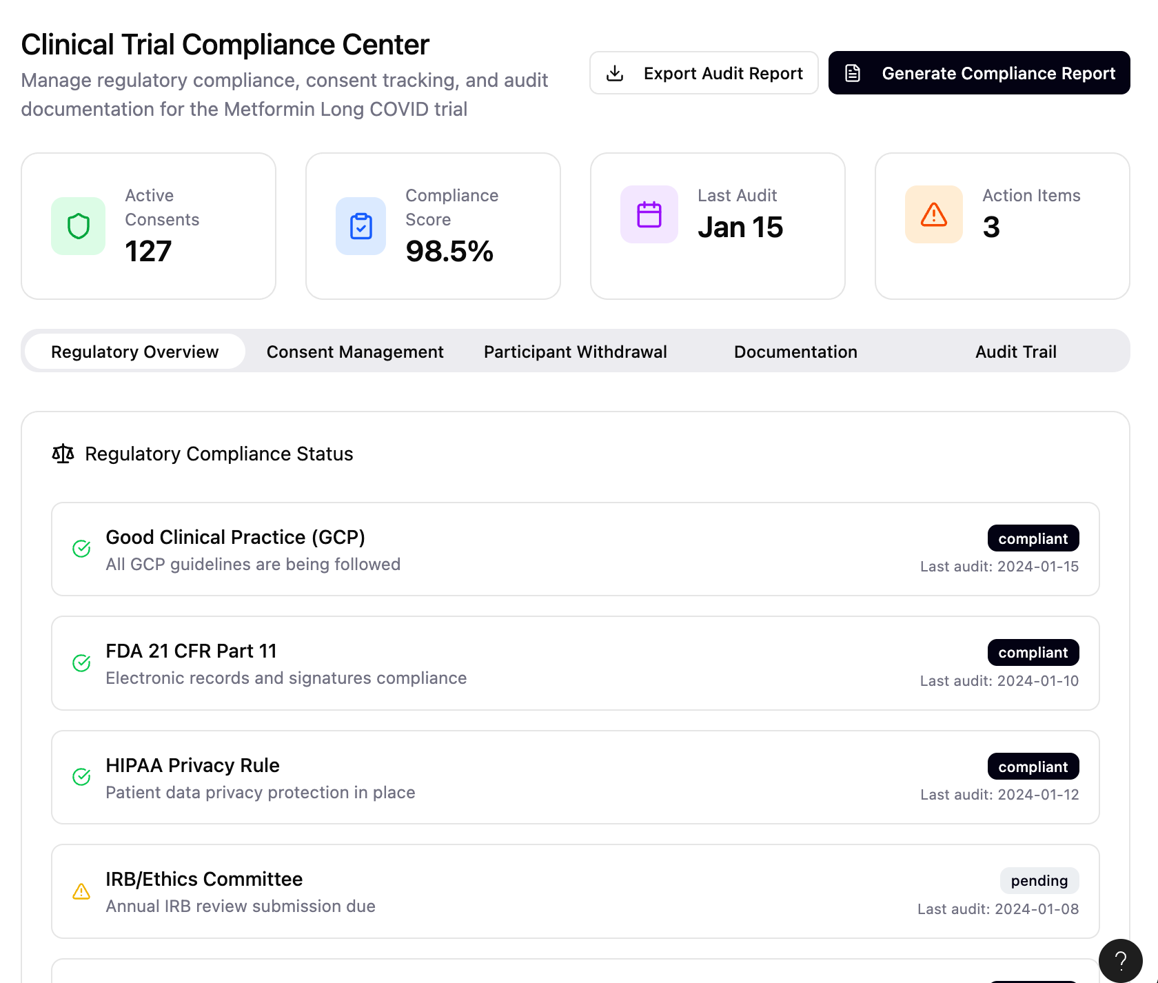 TrialPilot compliance and safety workflow screen with regulatory status cards.