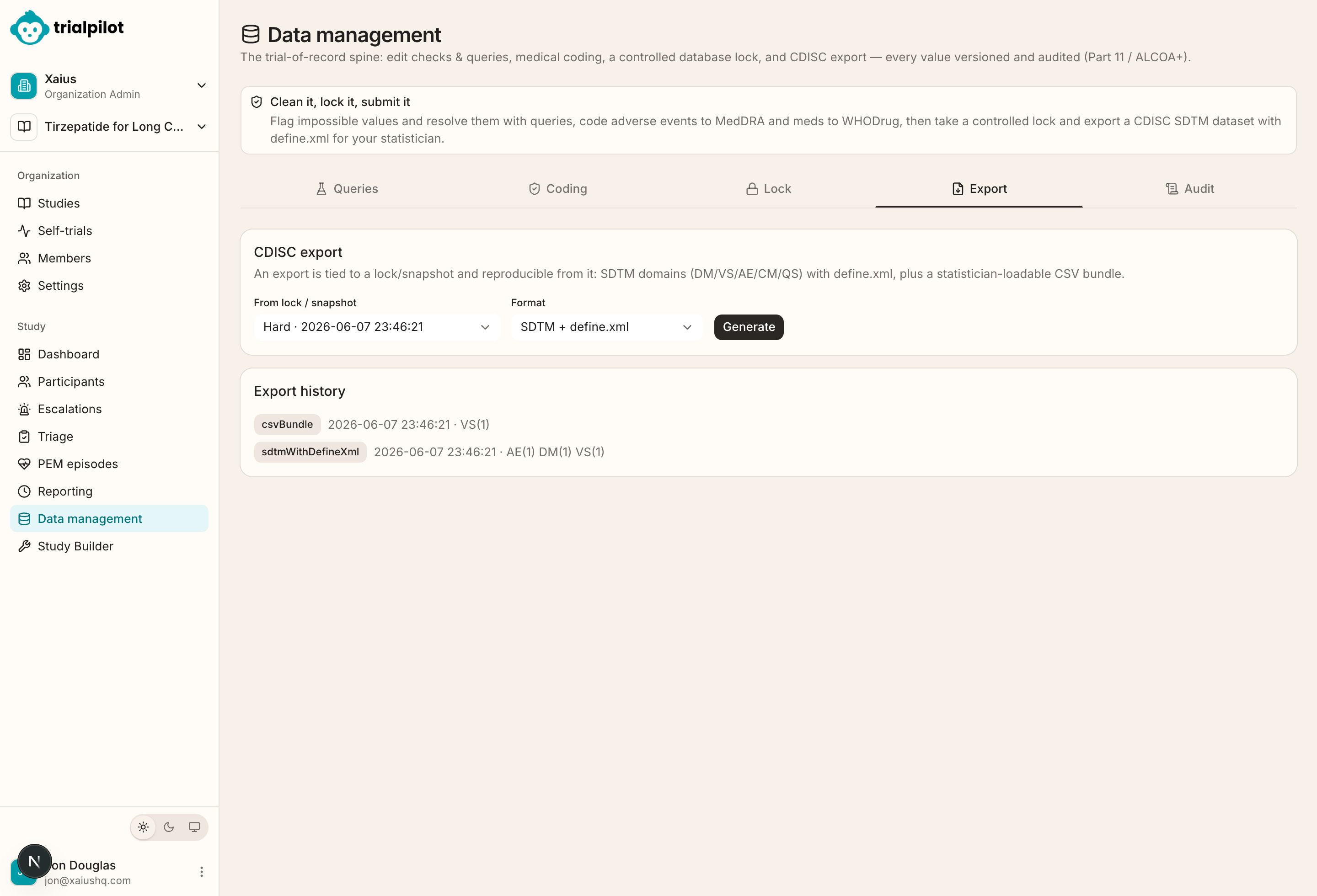 The CDISC export screen with SDTM domains and define.xml
