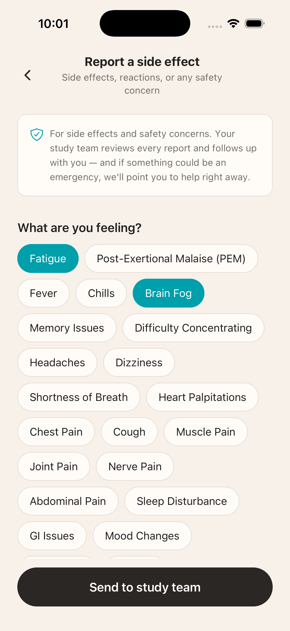 A participant reporting symptoms from home on their phone