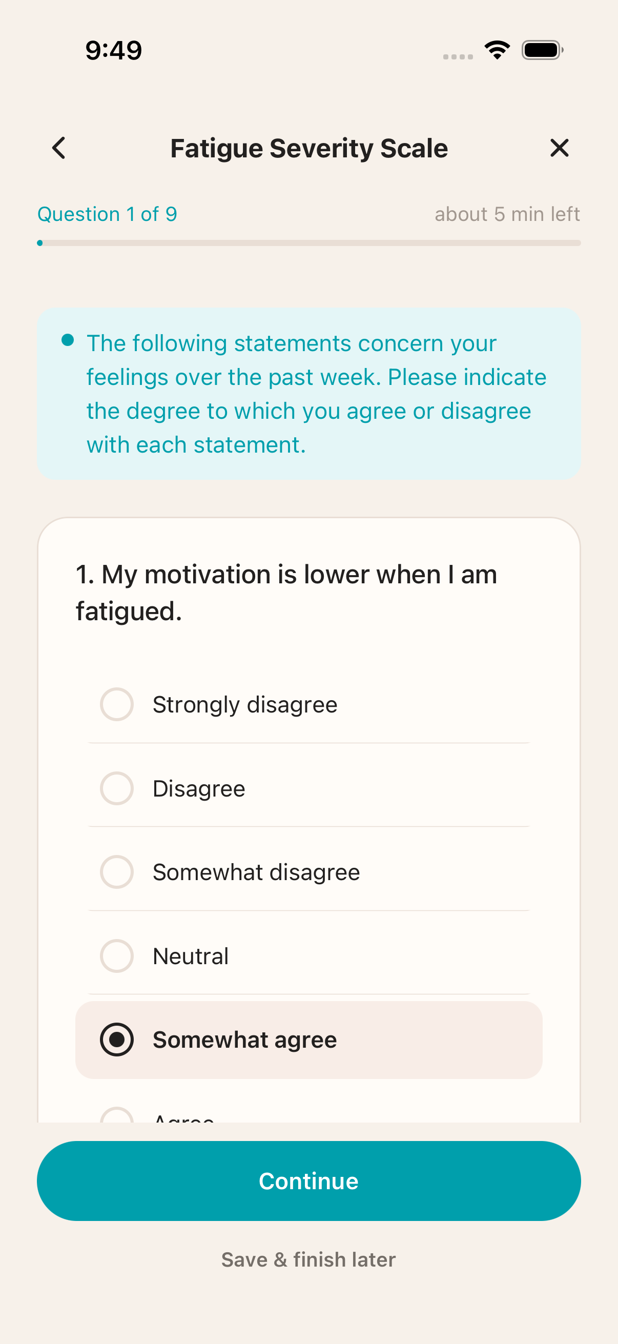 TrialPilot mobile questionnaire screen for a fatigue assessment.