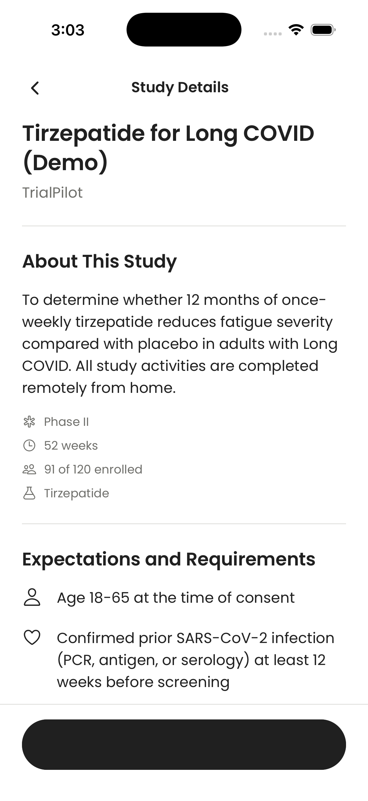 TrialPilot Study Details screen for the Tirzepatide for Long COVID demo study, ready for enrollment