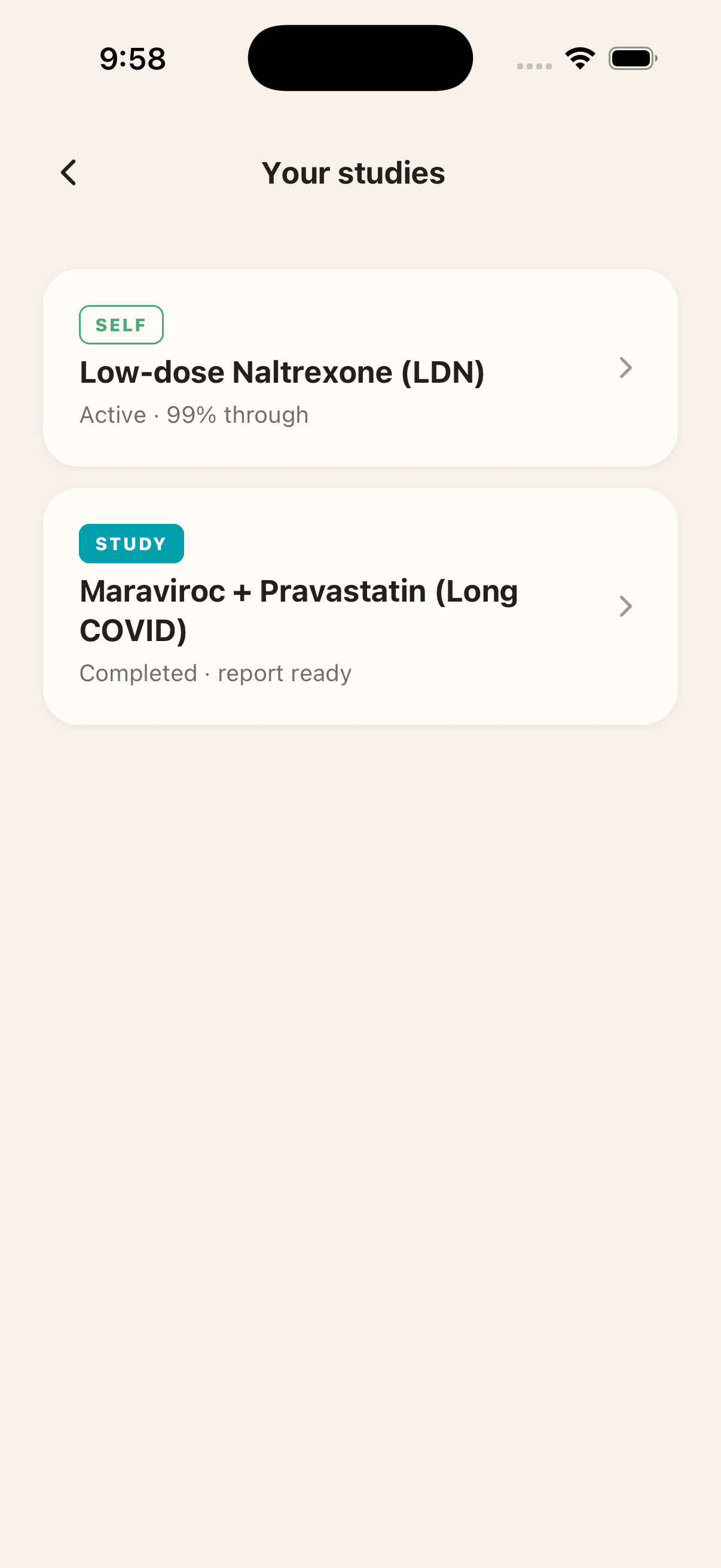 A participant's own studies list in the TrialPilot app