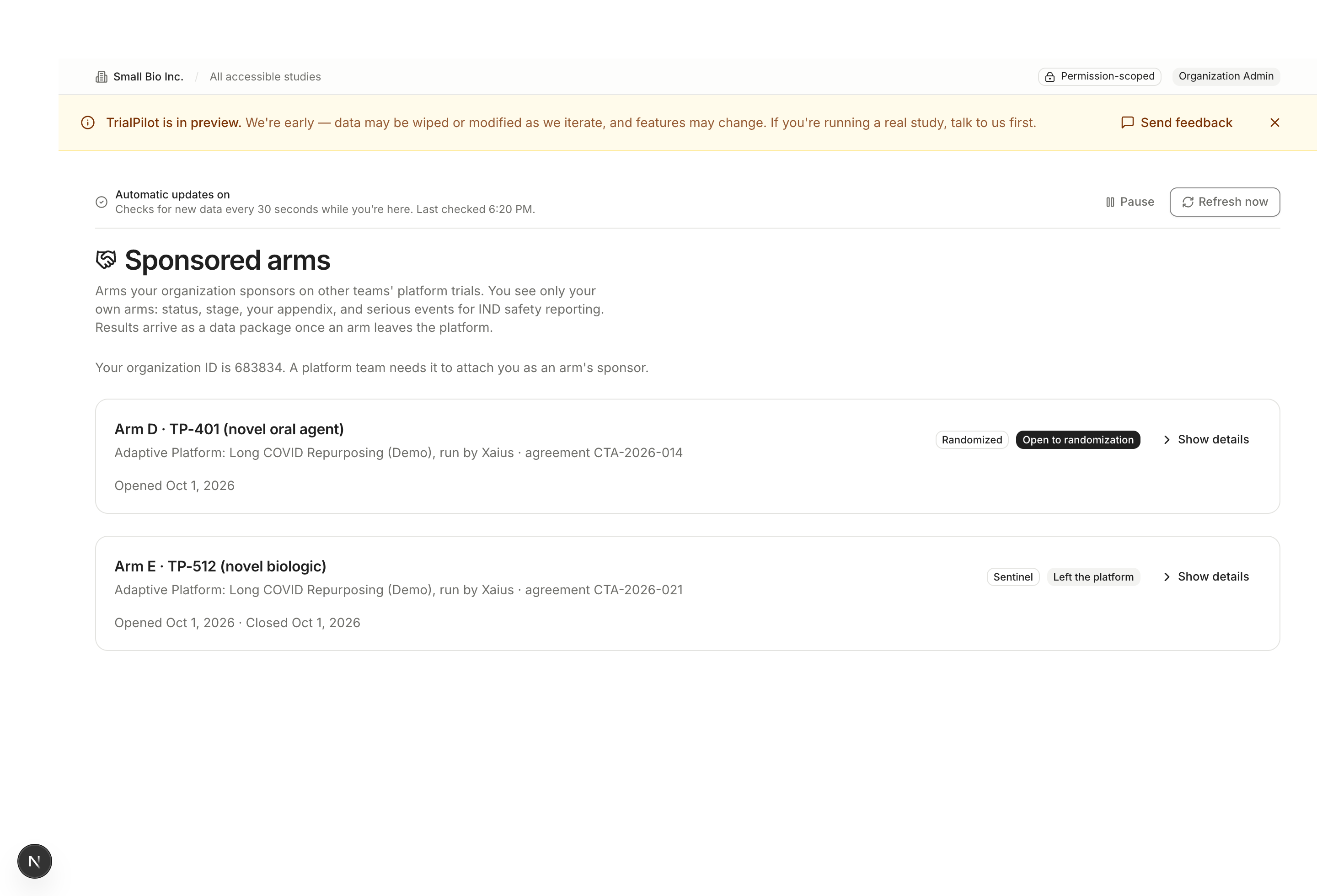 The sponsored arms page a sponsor company sees, listing its two arms on another team's platform.