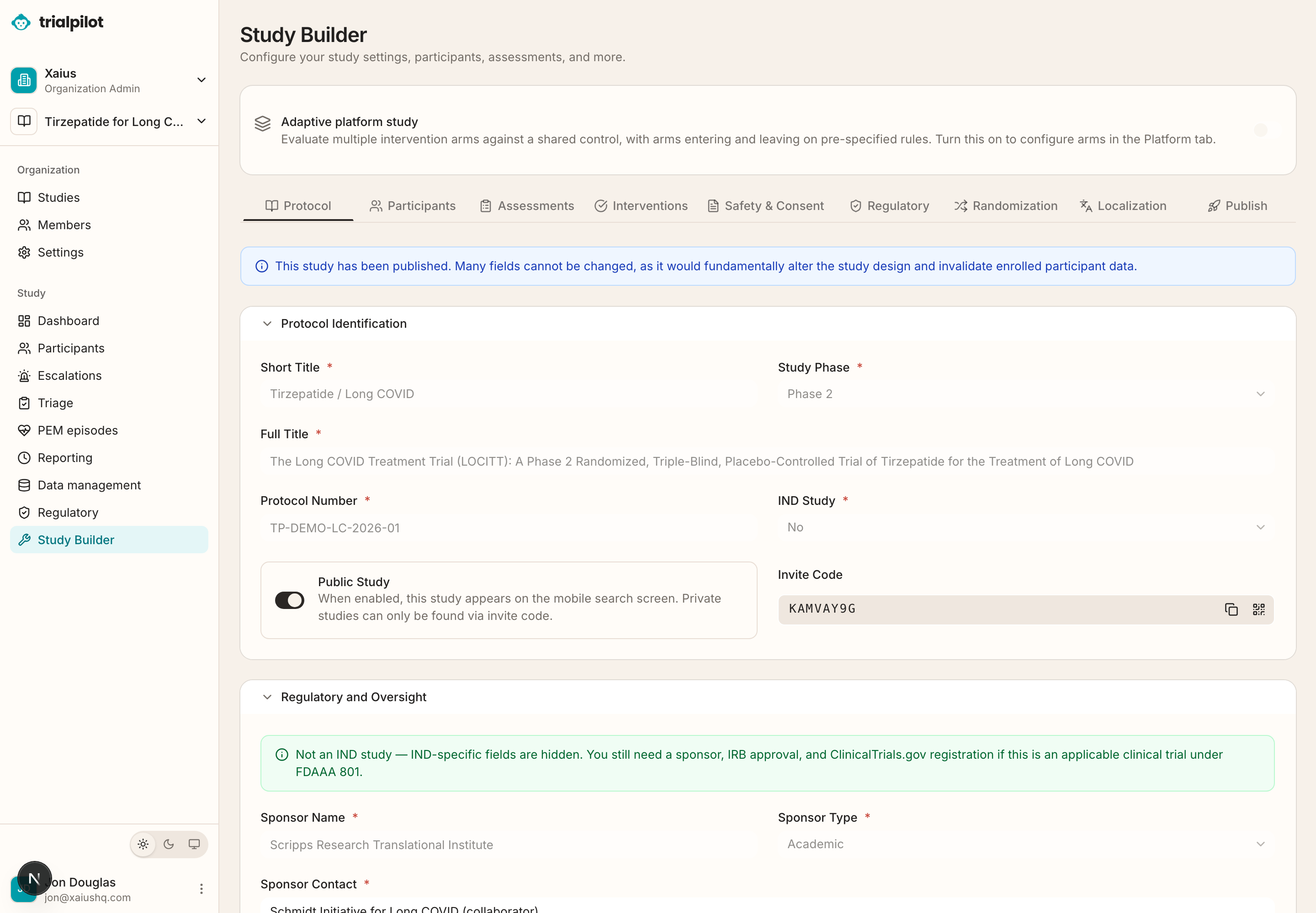 TrialPilot Researcher Dashboard showing protocol configuration fields.